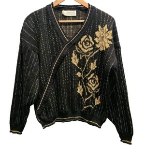 Retro Ellen D Metallic Gold & Black Floral‎ Surplice Sweater Medium